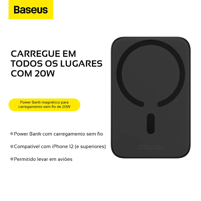 Carregador Baseus para Magsafe 20w 6000mah Para iPhone e Android com Suporte para Carregamento por Indução + Cabo USB Tipo C