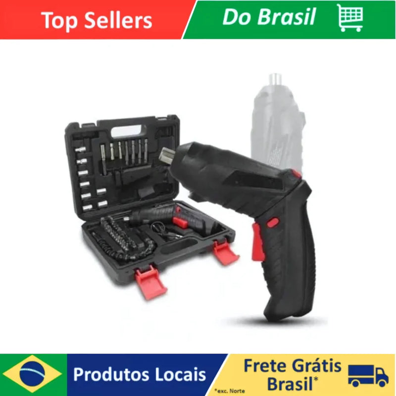 Kit Parafusadeira Mini Portatil Recarregável Usb e Maleta com 47 Chaves 360 Graus Bivolt Sem Fio