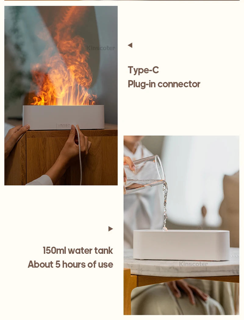 Difusor de Óleos Essenciais com Luz de Chama Realista e Umidificador Ultrassônico