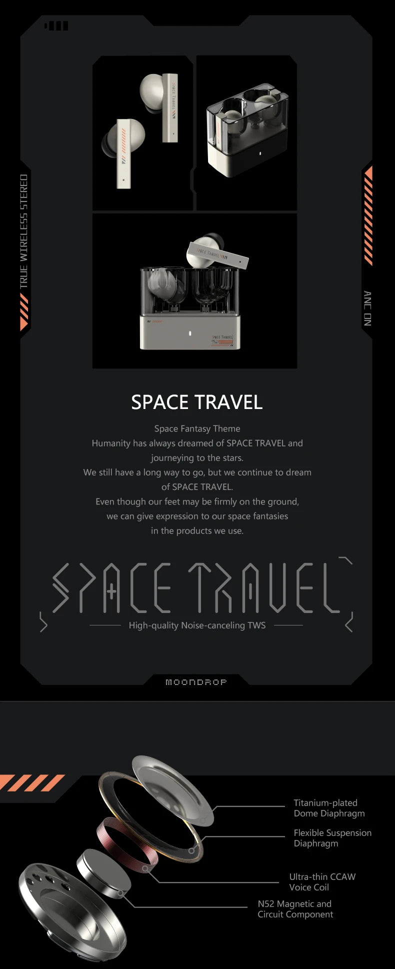 MOONDROP Space Travel Fone de ouvido TWS Bluetooth 5.3 Cancelamento de Ruído True Wireless Stereo IEMs